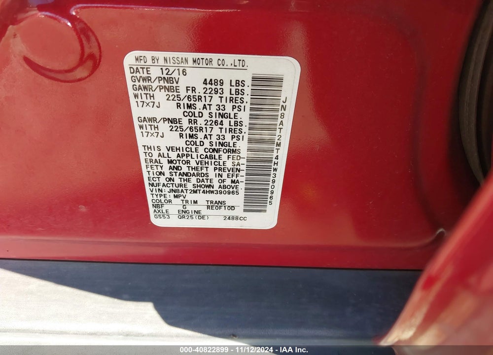 2017 NISSAN ROGUE SV VIN: JN8AT2MT4HW390965
