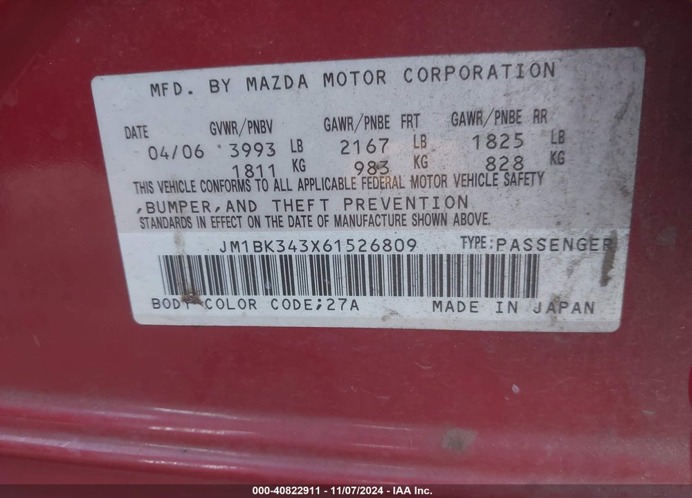2006 MAZDA 3 S TOURING VIN: JM1BK343X61526809
