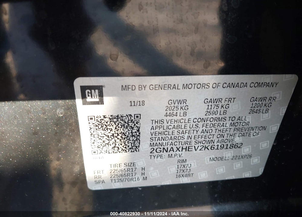 2019 CHEVROLET EQUINOX VIN: 2GNAXHEV2K6191862
