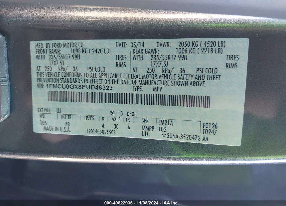 2014 FORD ESCAPE SE VIN: 1FMCU0GX8EUD48323