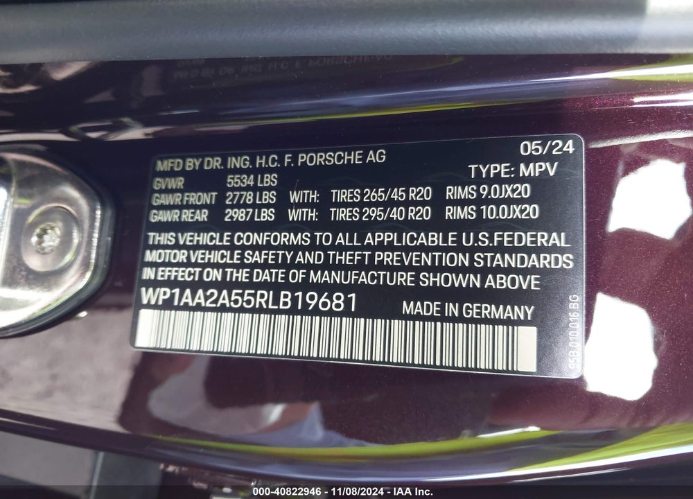 2024 PORSCHE MACAN T VIN: WP1AA2A55RLB19681
