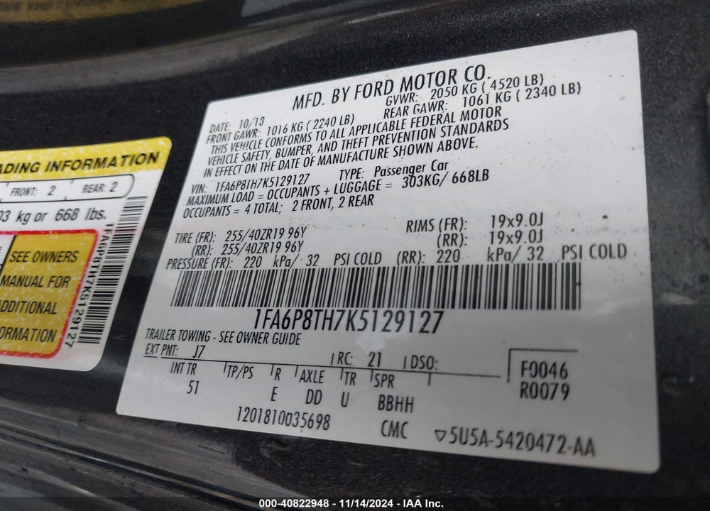 2019 FORD MUSTANG VIN: 1FA6P8TH7K5129127
