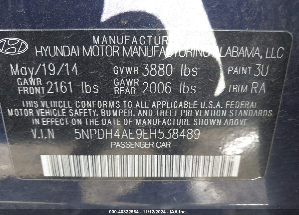 2014 HYUNDAI ELANTRA SE VIN: 5NPDH4AE9EH538489
