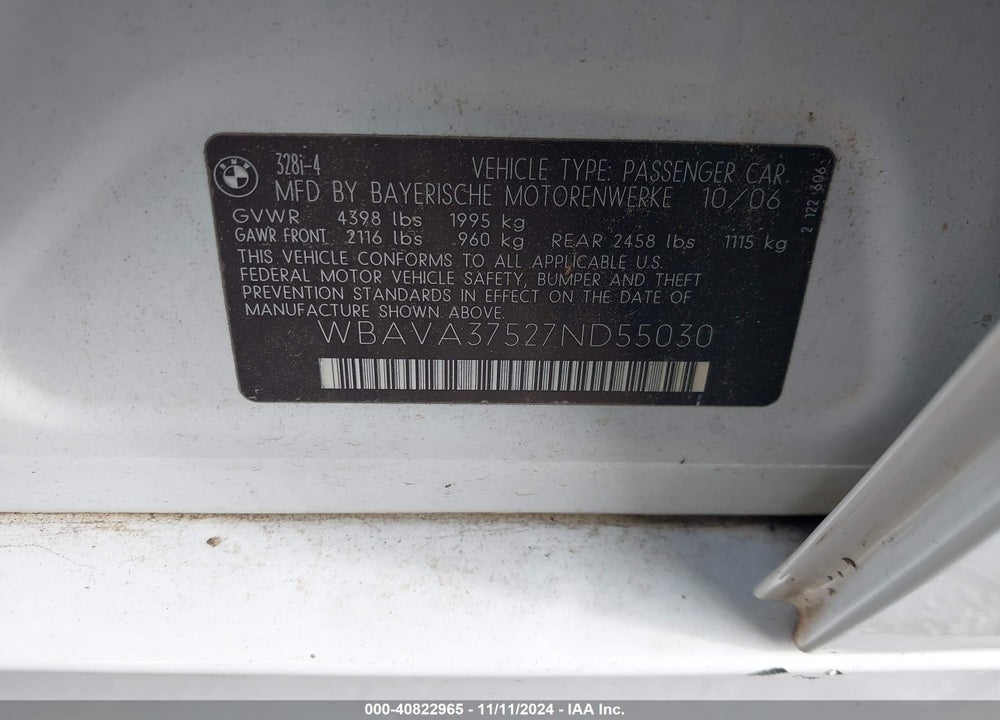 2007 BMW 328I VIN: WBAVA37527ND55030