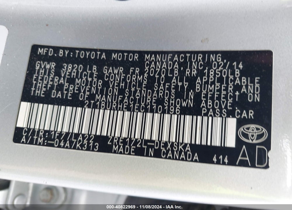 2014 TOYOTA COROLLA VIN: 2T1BURHE1EC110196