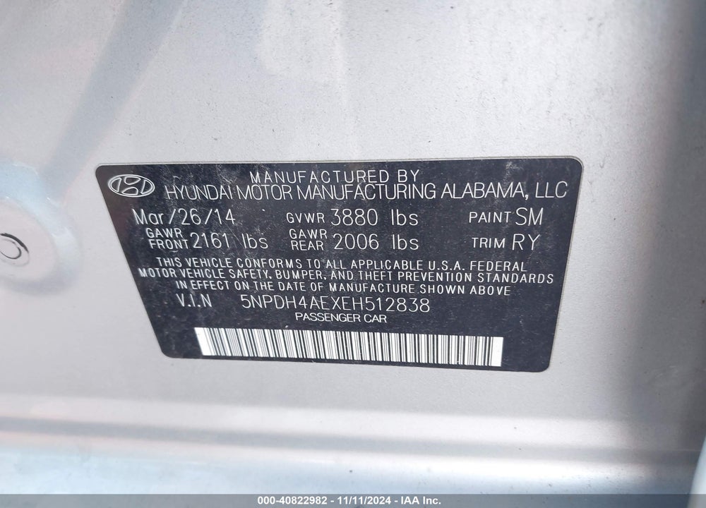 2014 HYUNDAI ELANTRA VIN: 5NPDH4AEXEH512838