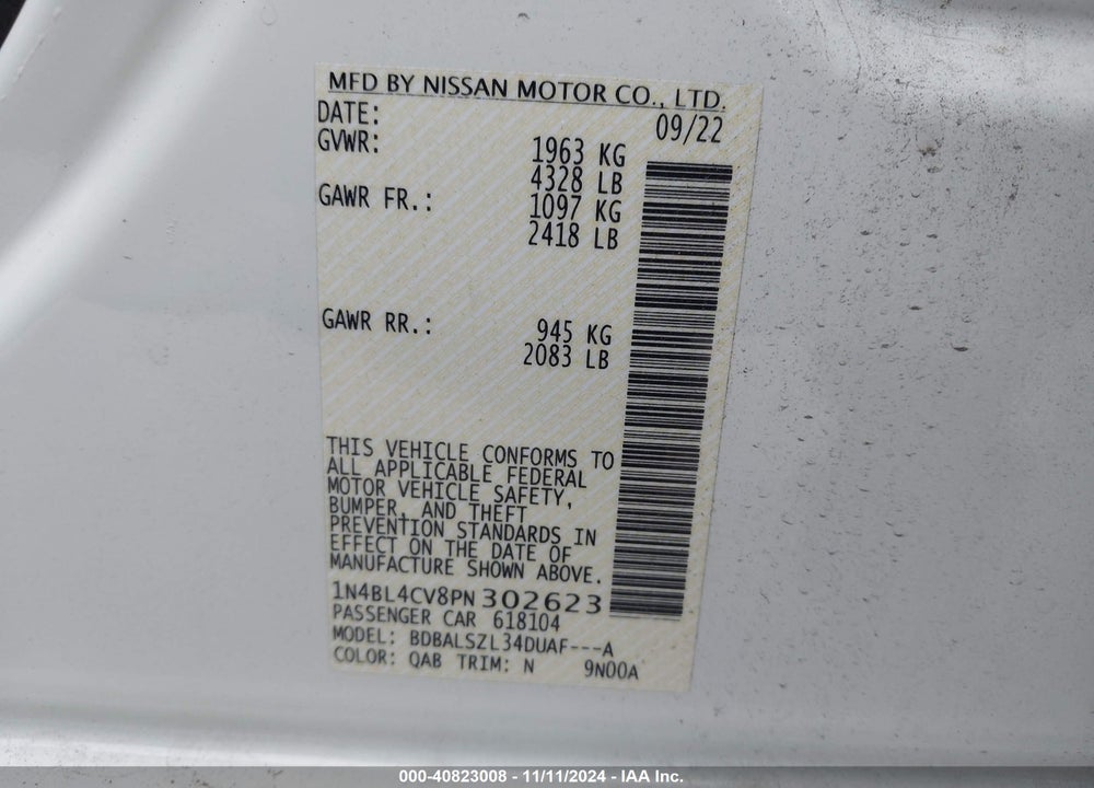 2023 NISSAN ALTIMA SR FWD VIN: 1N4BL4CV8PN302623
