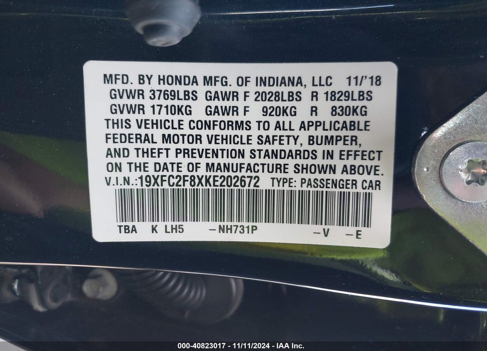 2019 HONDA CIVIC SPORT VIN: 19XFC2F8XKE202672