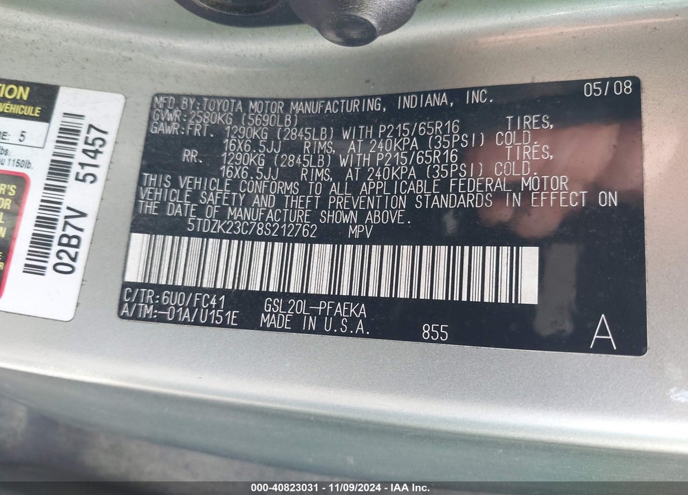 2008 TOYOTA SIENNA LE VIN: 5TDZK23C78S212762