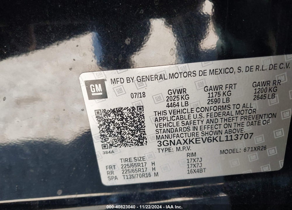 2019 CHEVROLET EQUINOX LT VIN: 3GNAXKEV6KL113707
