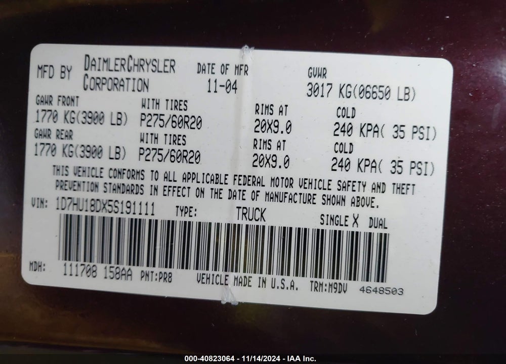 2005 DODGE RAM 1500 SLT/LARAMIE VIN: 1D7HU18DX5S191111