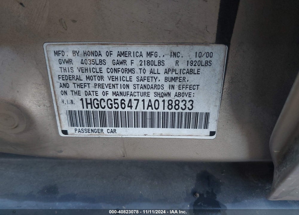 2001 HONDA ACCORD 2.3 LX VIN: 1HGCG56471A018833