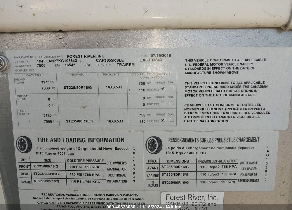 2019 FOREST RIVER OTHER VIN: 4X4SCAN27KG103843