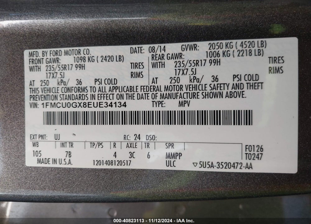 2014 FORD ESCAPE SE VIN: 1FMCU0GX8EUE34134