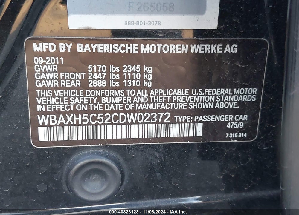 2012 BMW 528I XDRIVE VIN: WBAXH5C52CDW02372