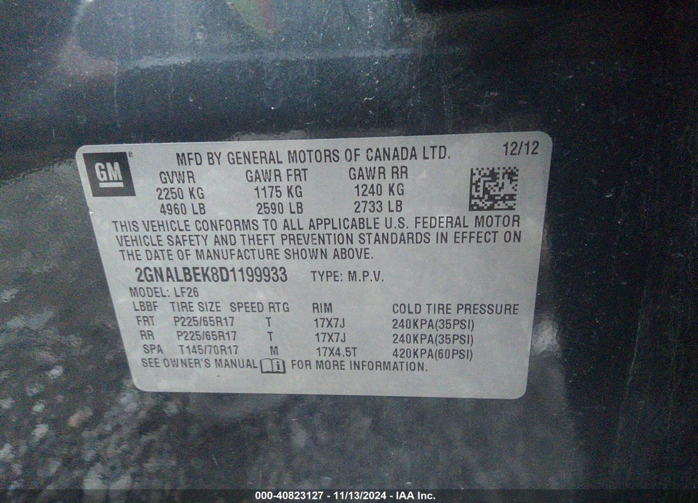 2013 CHEVROLET EQUINOX LS VIN: 2GNALBEK8D1199933