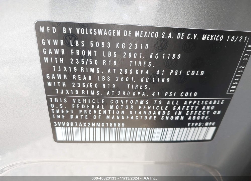 2022 VOLKSWAGEN TIGUAN 2.0T SE R-LINE BLACK VIN: 3VV8B7AX2NM018989