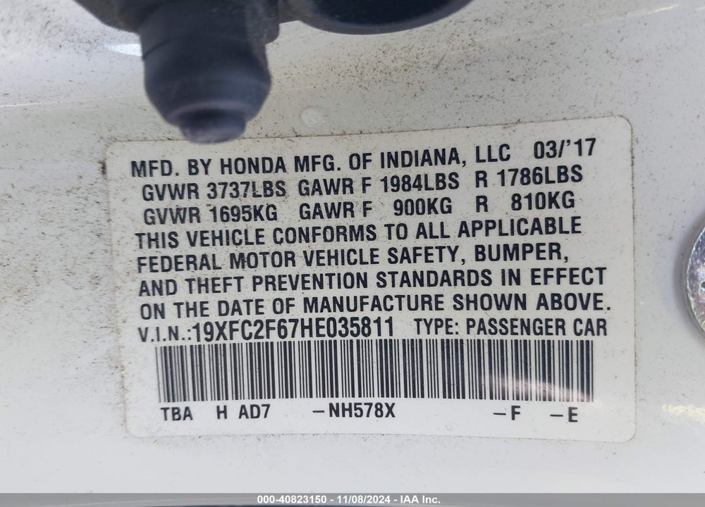 2017 HONDA CIVIC LX VIN: 19XFC2F67HE035811