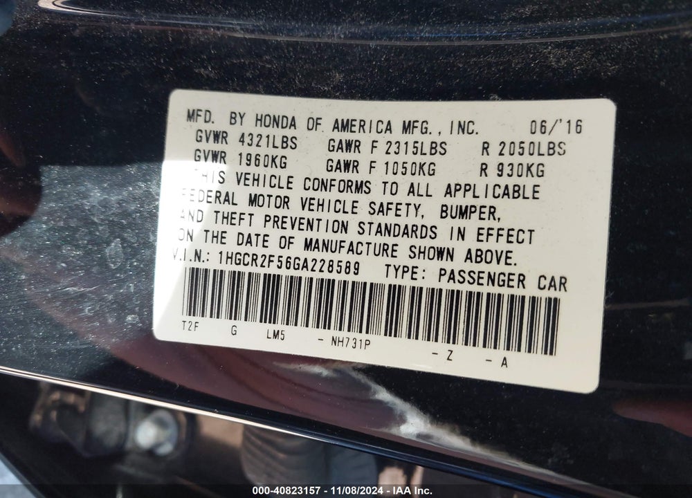 2016 HONDA ACCORD SPORT VIN: 1HGCR2F56GA228589