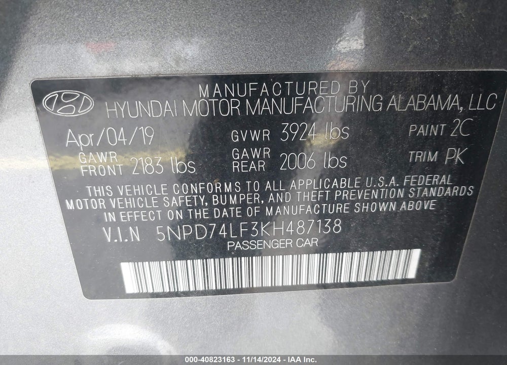 2019 HYUNDAI ELANTRA SE VIN: 5NPD74LF3KH487138