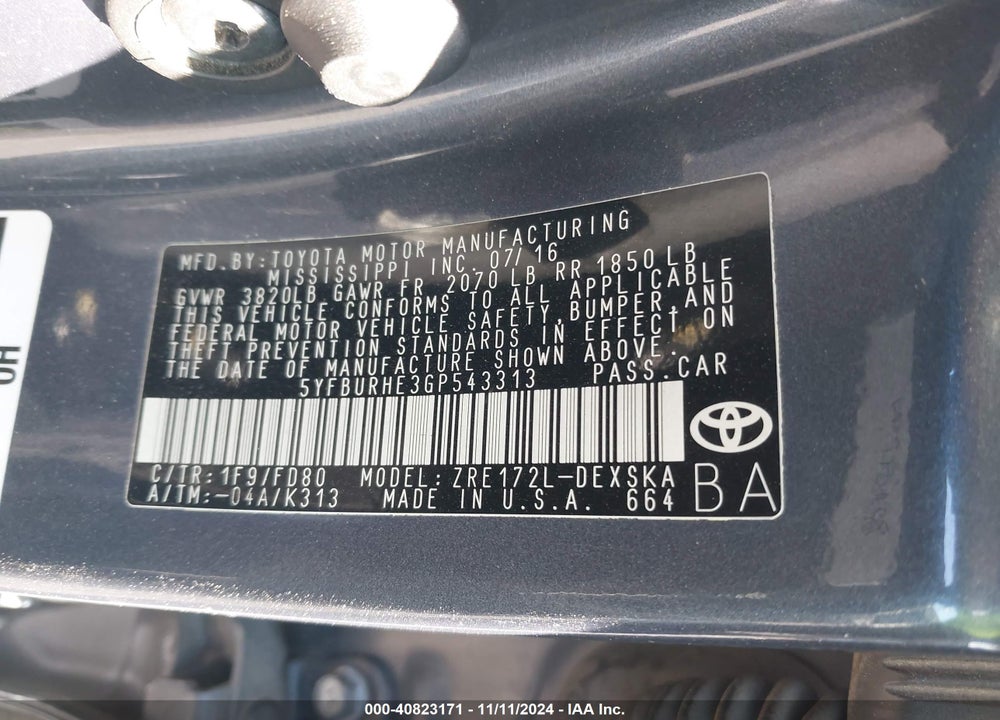 2016 TOYOTA COROLLA S PLUS VIN: 5YFBURHE3GP543313