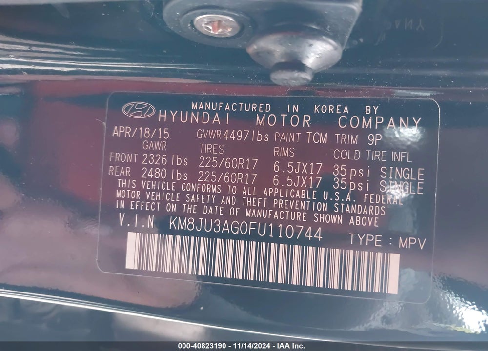 2015 HYUNDAI TUCSON SE VIN: KM8JU3AG0FU110744