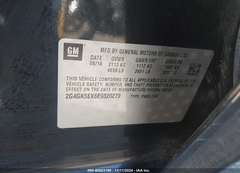2014 BUICK REGAL TURBO VIN: 2G4GK5EX6E9320279