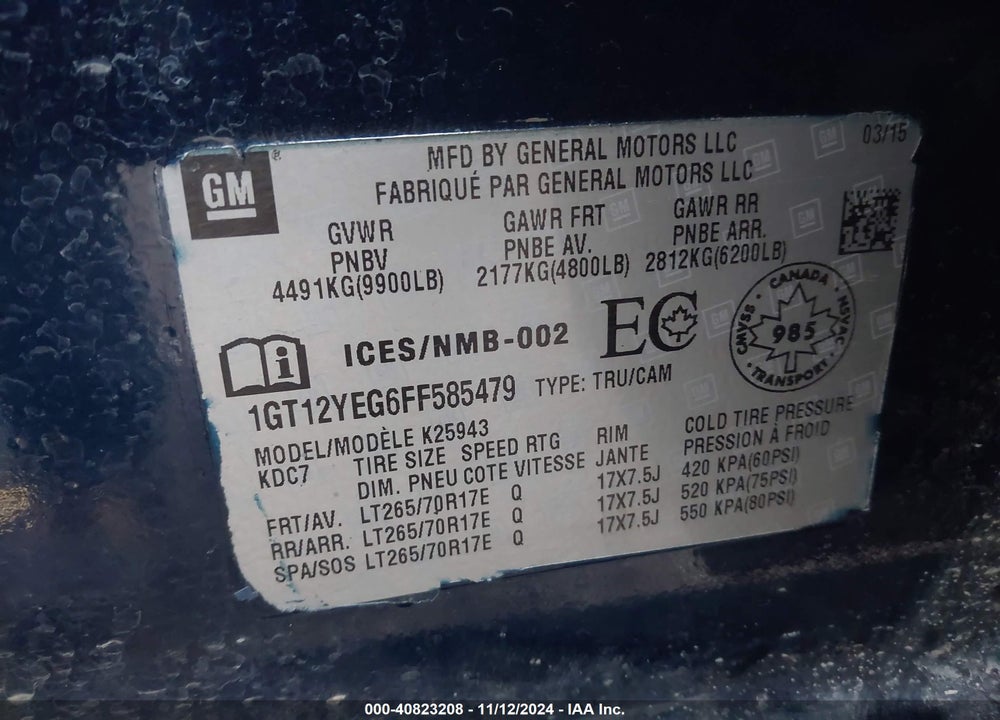 2015 GMC SIERRA 2500HD SLE VIN: 1GT12YEG6FF585479