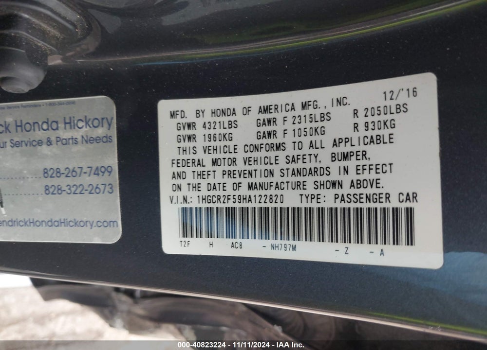 2017 HONDA ACCORD SPORT VIN: 1HGCR2F59HA122820