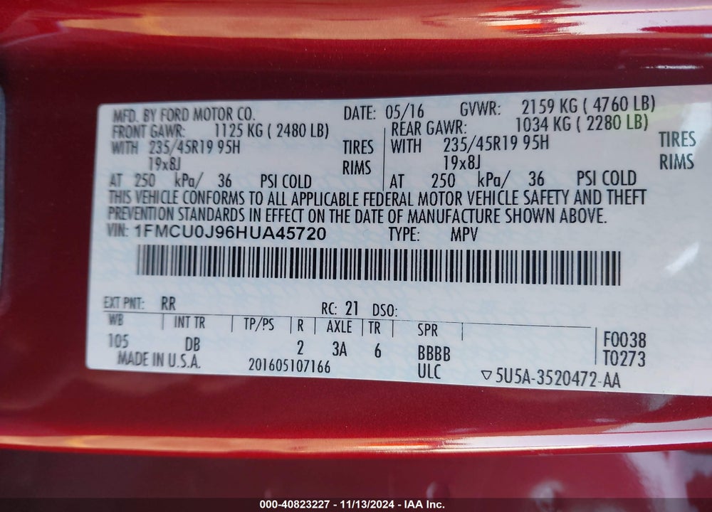 2017 FORD ESCAPE TITANIUM VIN: 1FMCU0J96HUA45720