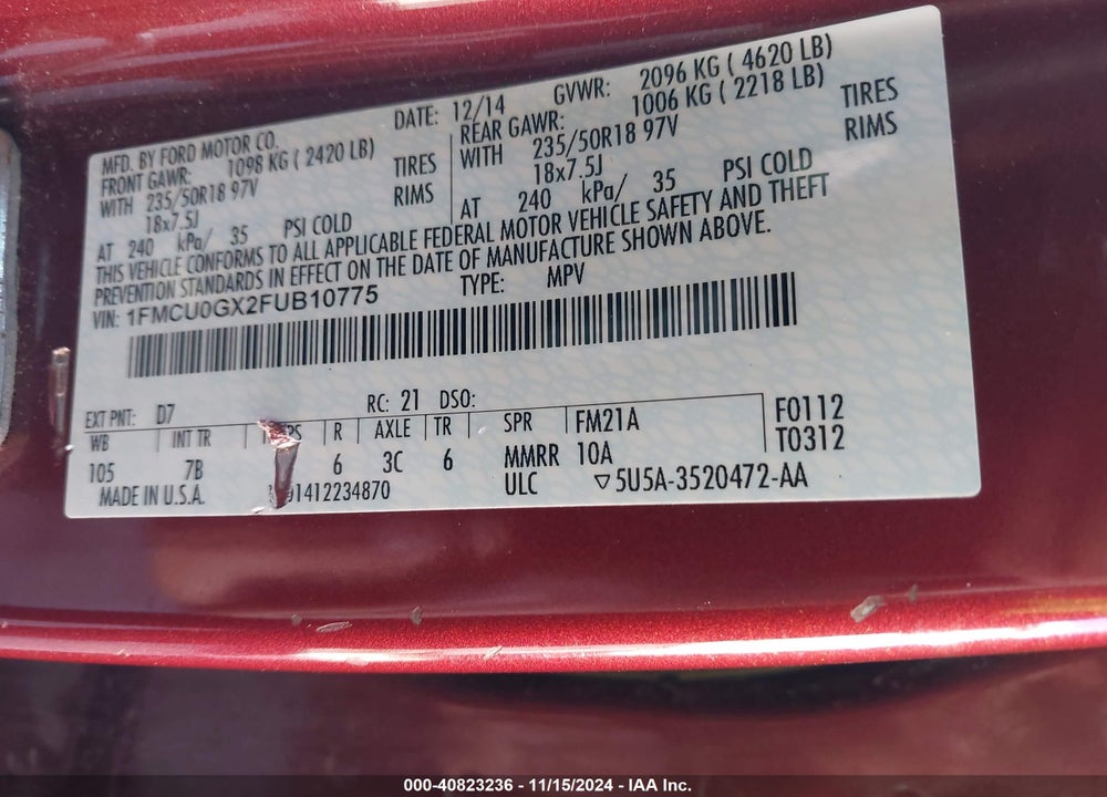 2015 FORD ESCAPE SE VIN: 1FMCU0GX2FUB10775