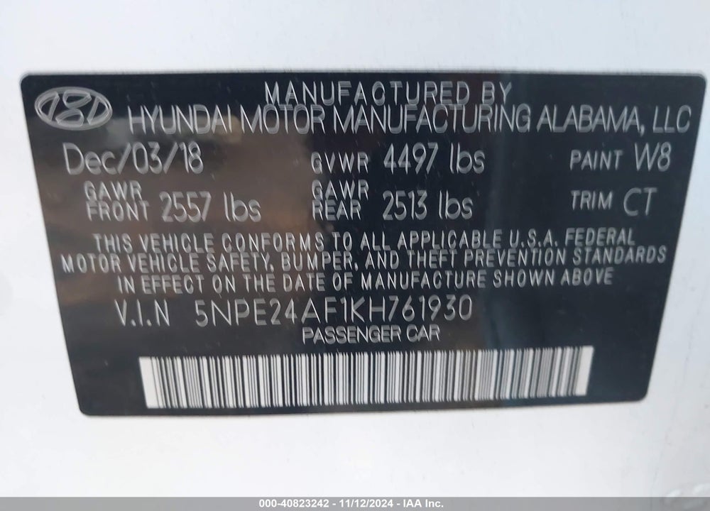 2019 HYUNDAI SONATA VIN: 5NPE24AF1KH761930