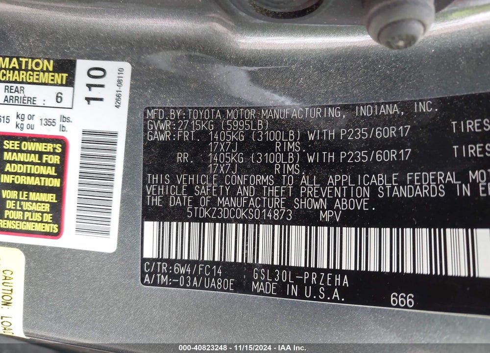 2019 TOYOTA SIENNA LE 8 PASSENGER VIN: 5TDKZ3DC0KS014873