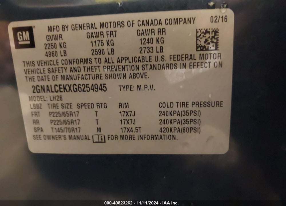 2016 CHEVROLET EQUINOX LT VIN: 2GNALCEKXG6254945