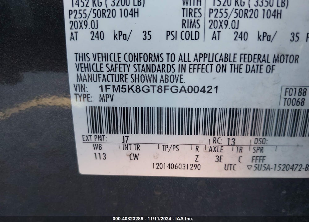 2015 FORD EXPLORER SPORT VIN: 1FM5K8GT8FGA00421
