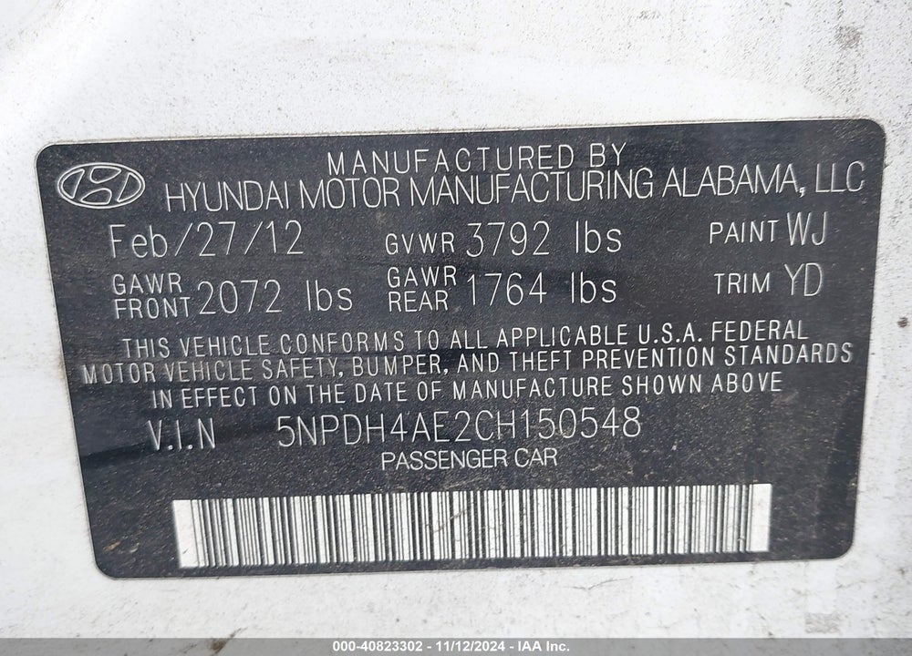2012 HYUNDAI ELANTRA GLS VIN: 5NPDH4AE2CH150548