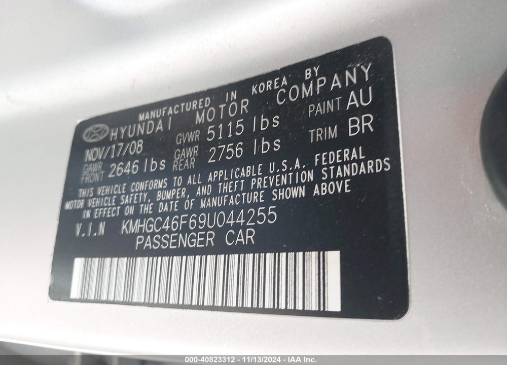 2009 HYUNDAI GENESIS 4.6 VIN: KMHGC46F69U044255