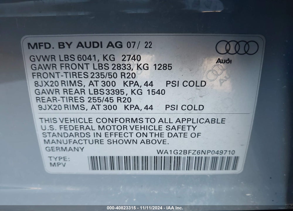 2022 AUDI Q4 E-TRON PREMIUM 50 QUATTRO VIN: WA1G2BFZ6NP049710