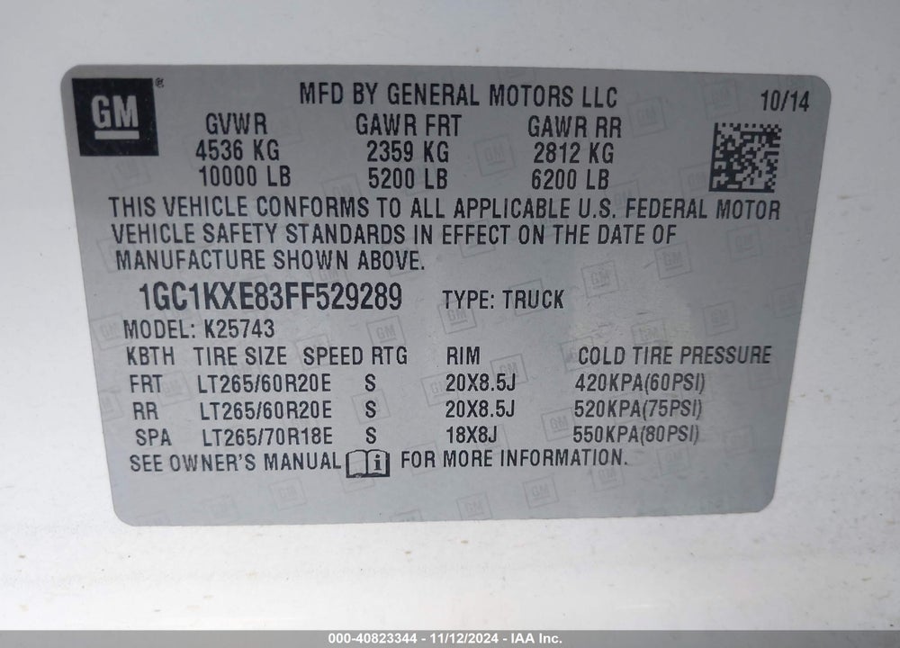 2015 CHEVROLET SILVERADO 2500HD VIN: 1GC1KXE83FF529289
