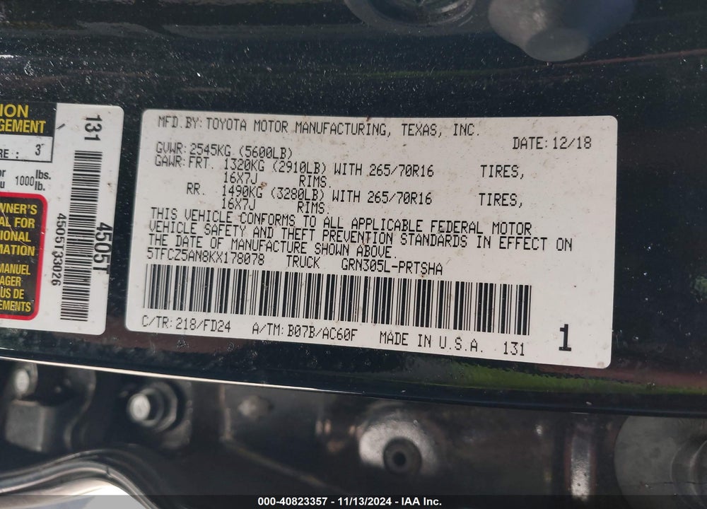 2019 TOYOTA TACOMA TRD OFF ROAD VIN: 5TFCZ5AN8KX178078