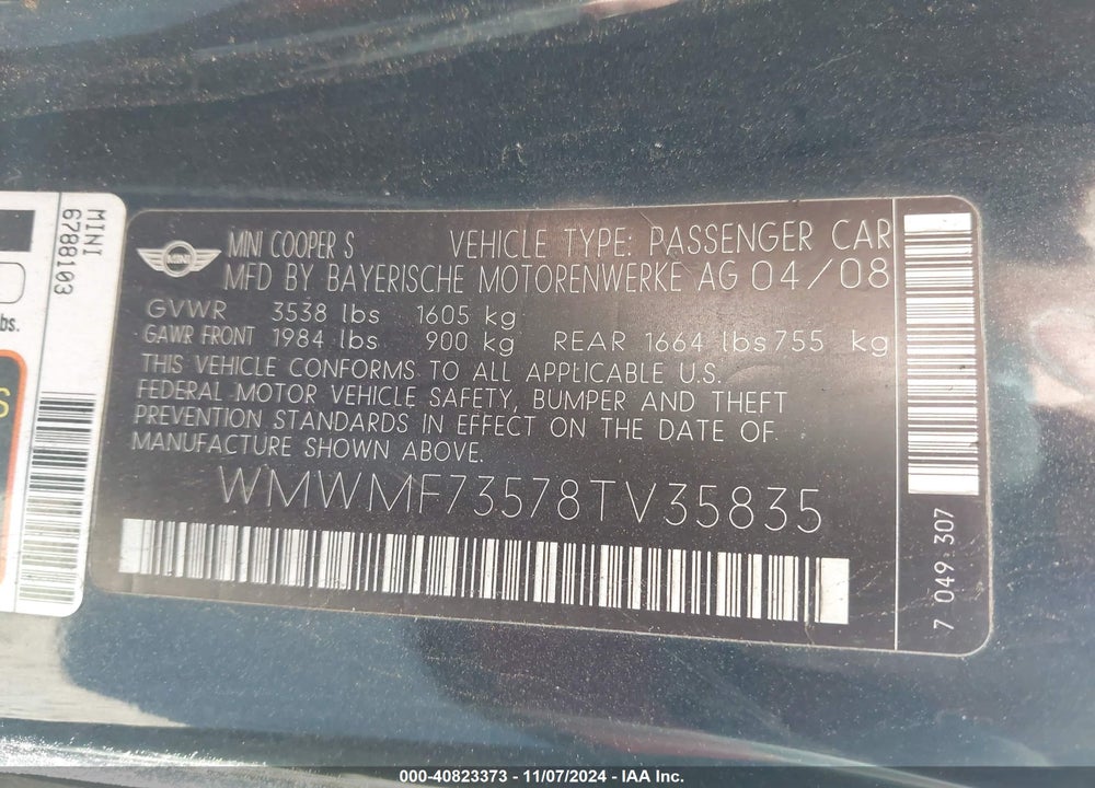 2008 MINI COOPER S VIN: WMWMF73578TV35835
