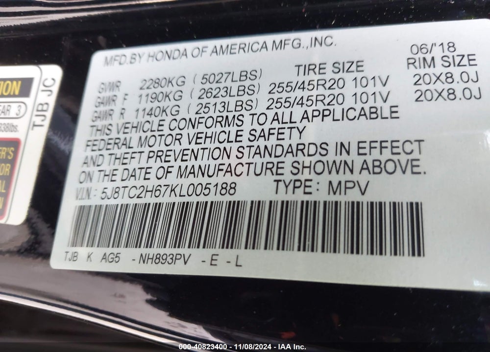 2019 ACURA RDX A-SPEC PACKAGE VIN: 5J8TC2H67KL005188