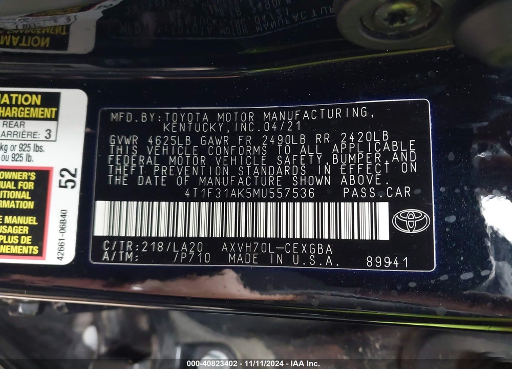 2021 TOYOTA CAMRY XLE VIN: 4T1F31AK5MU557536