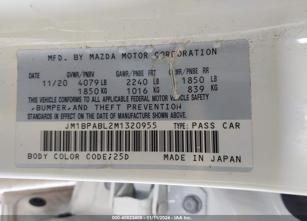 2021 MAZDA 3 SELECT VIN: JM1BPABL2M1320955