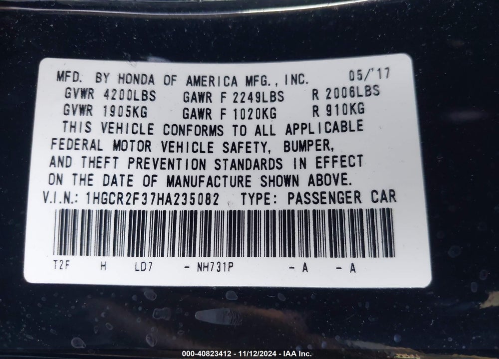 2017 HONDA ACCORD LX VIN: 1HGCR2F37HA235082