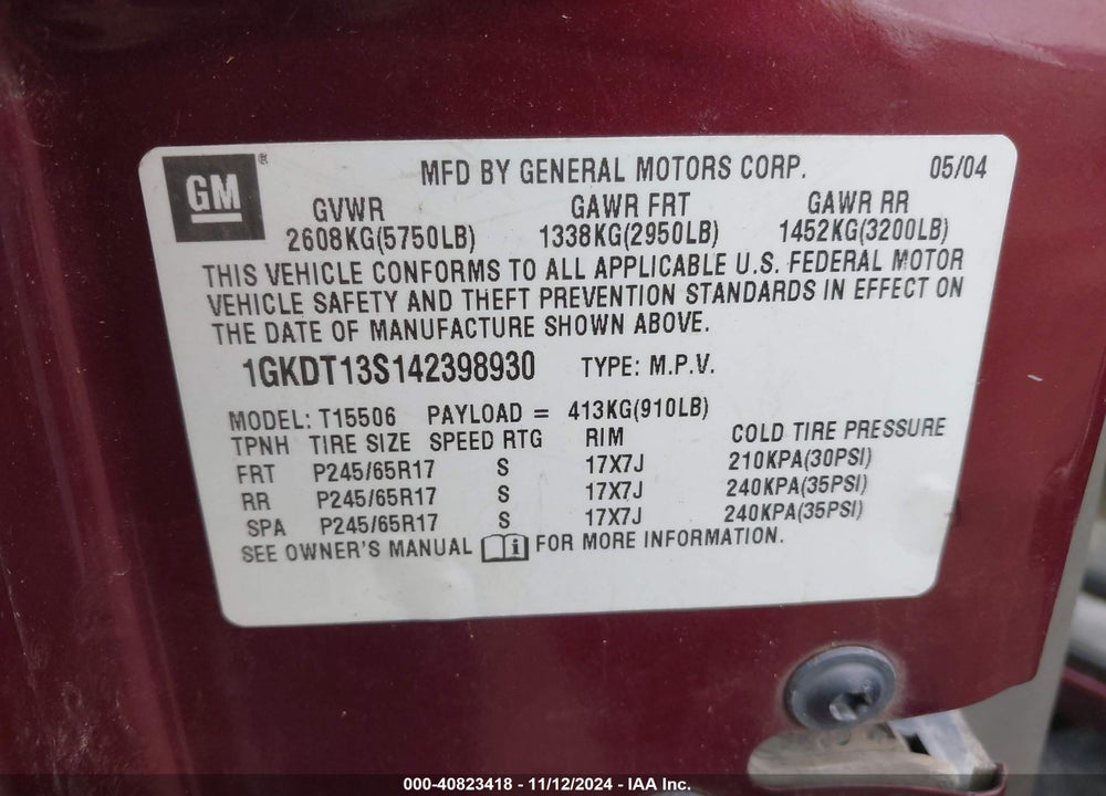 2004 GMC ENVOY SLT VIN: 1GKDT13S142398930
