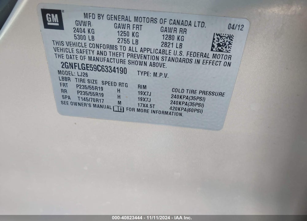 2012 CHEVROLET EQUINOX LTZ VIN: 2GNFLGE59C6334190