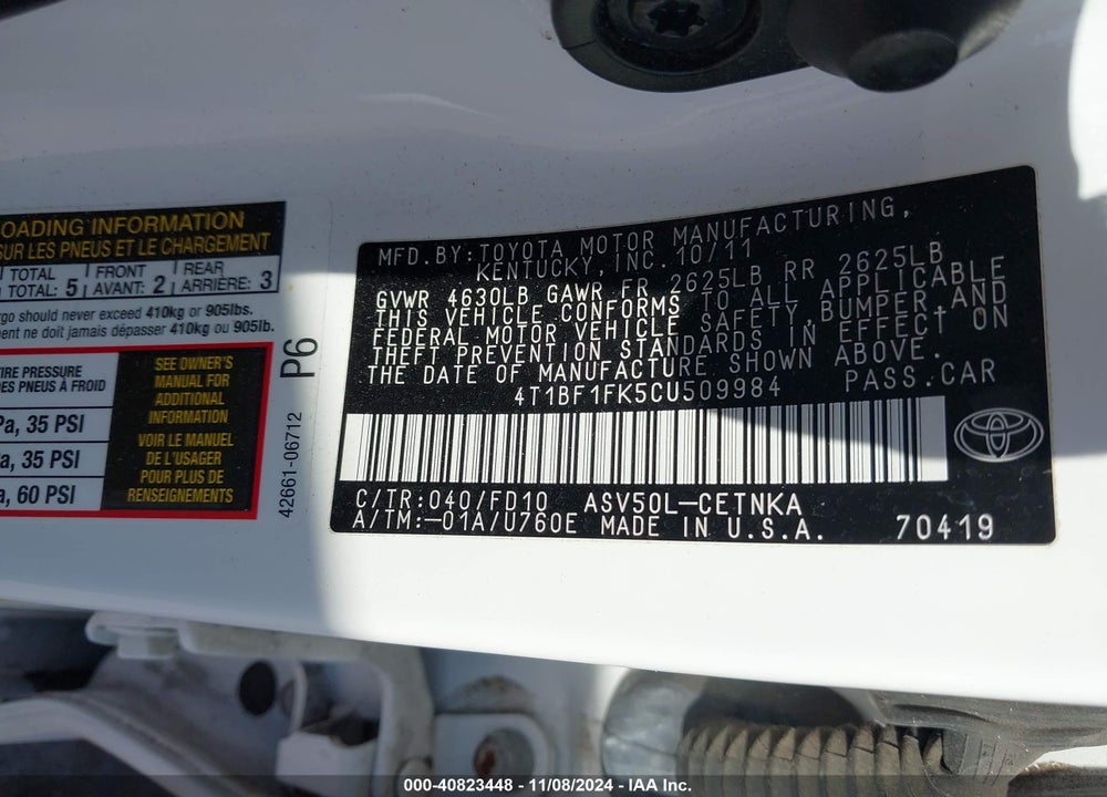 2012 TOYOTA CAMRY VIN: 4T1BF1FK5CU509984