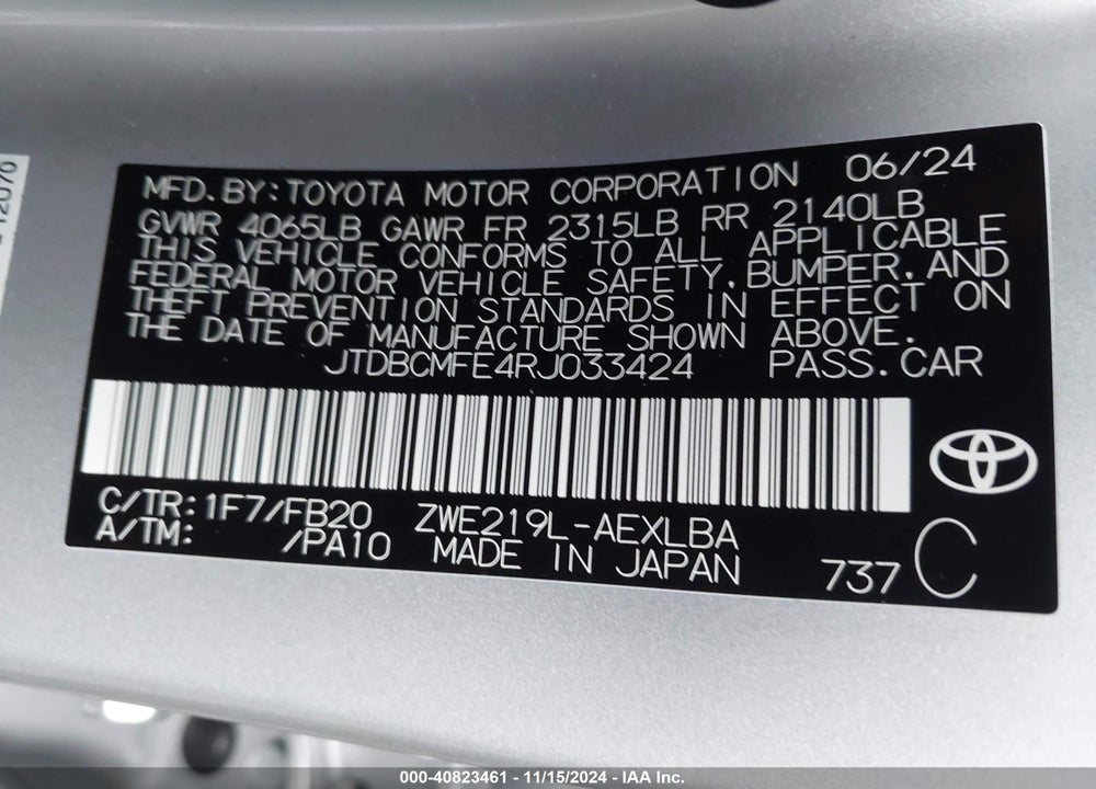 2024 TOYOTA COROLLA HYBRID LE VIN: JTDBCMFE4RJ033424