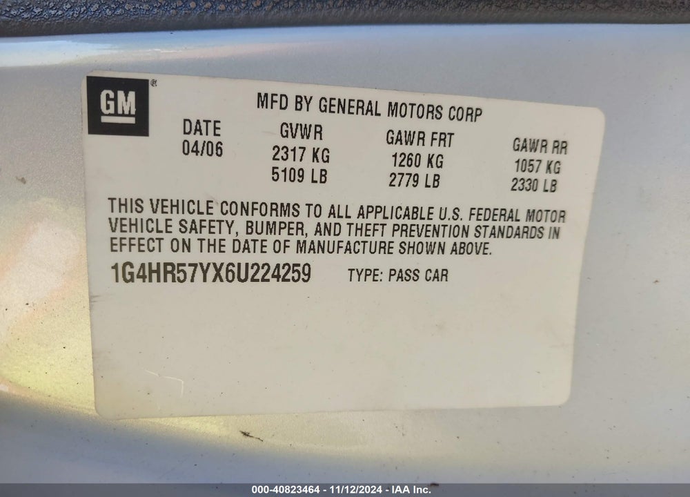 2006 BUICK LUCERNE CXL VIN: 1G4HR57YX6U224259